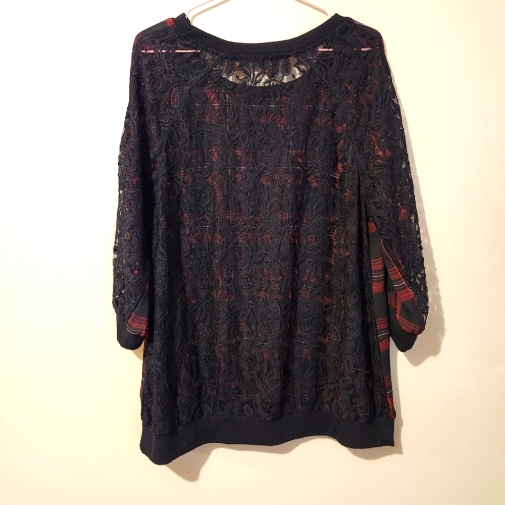 *2 for $30* Dex Plaid and Lace Blouse - Picture 2 of 5
